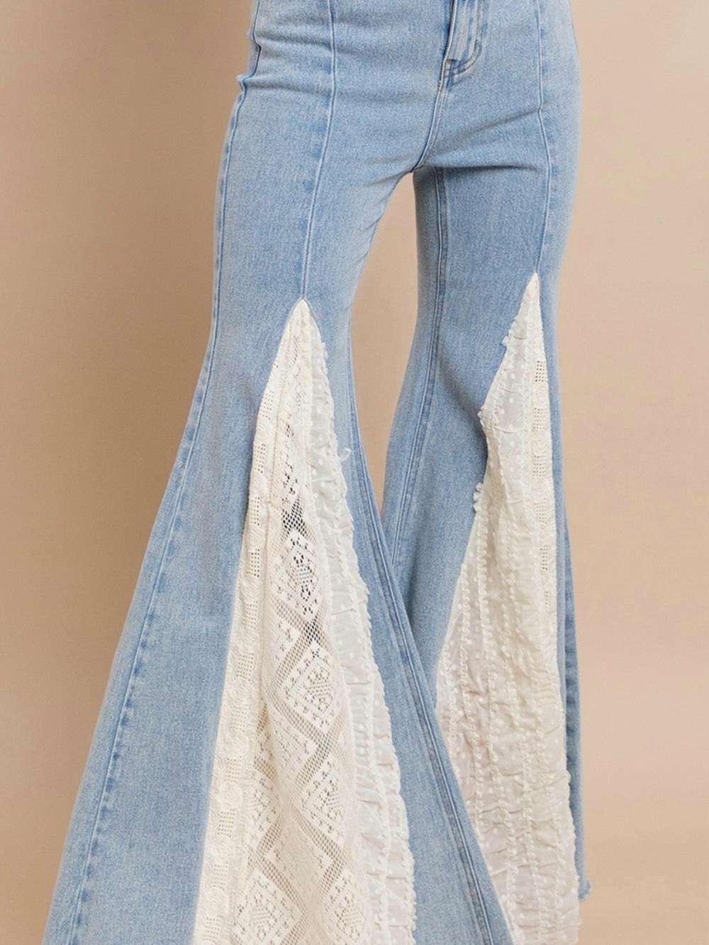 Wisteria Lane High-Waist Light Blue Flare Jeans with White Lace Insets